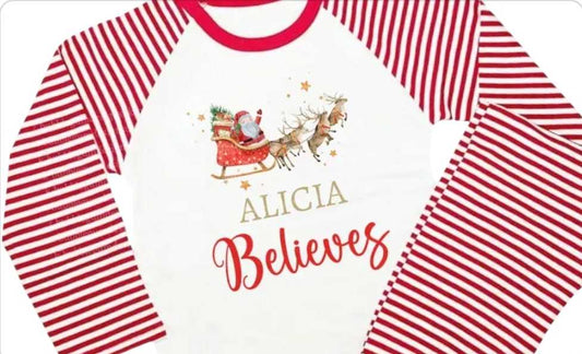 Santa Sleigh Personalised Red Stripe Pjs