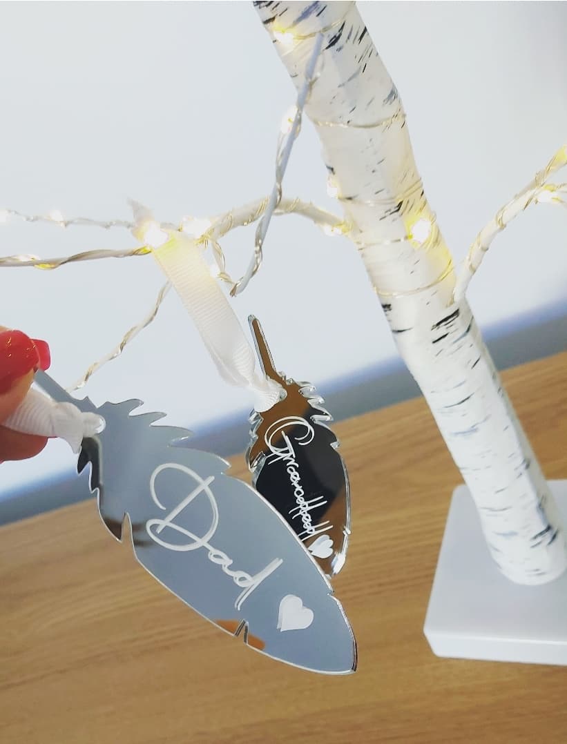 Personalised Feather Decoration ( Frosted or Mirrored)