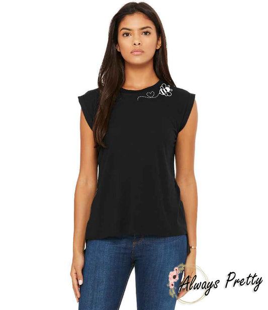 Bee Design1 - Flowy Rolled Cuff Tshirt